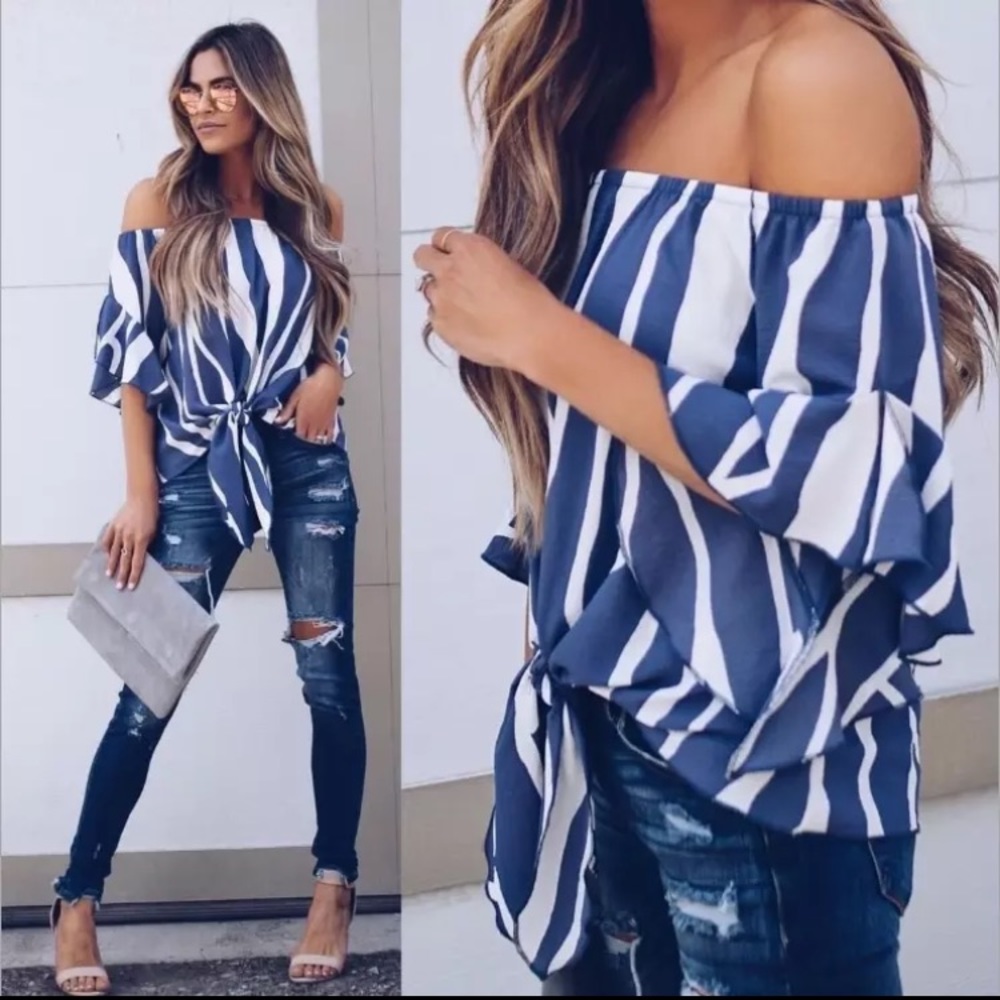 (Restocked sizes) Off shoulder top pink/white - Picture 7 of 10
